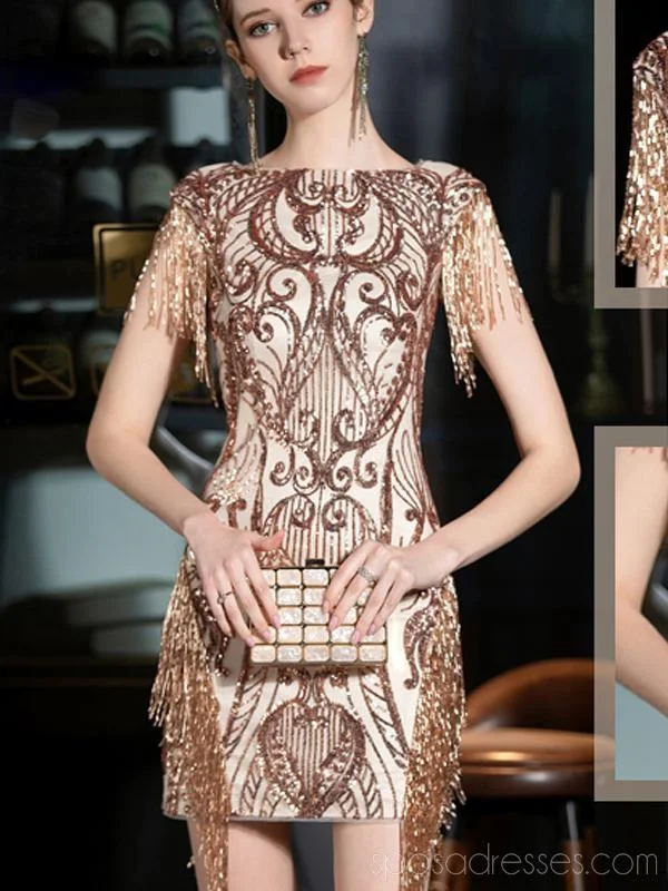 Major Savings Short Sleeves Sparkly Gold Sequin Cheap Homecoming Dresses Online, Cheap Short Prom Dresses, CM773