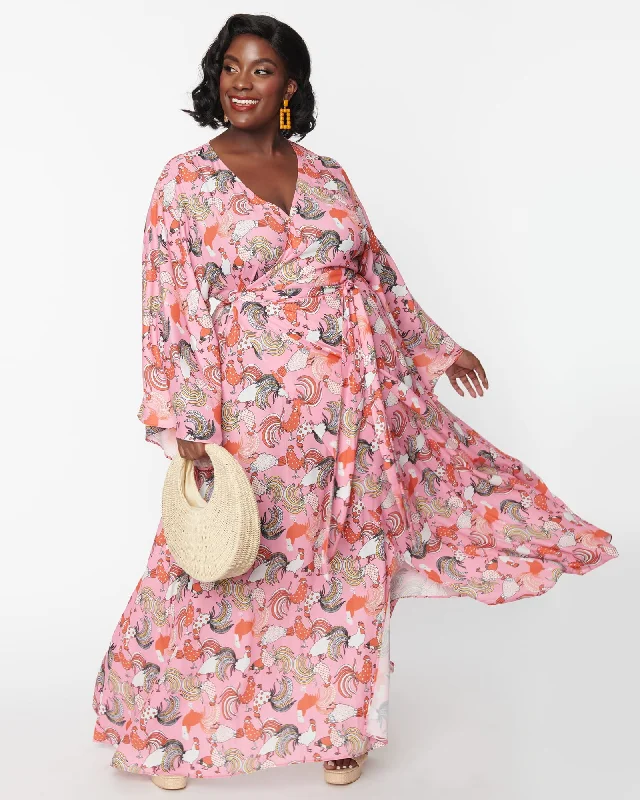 Savings Spectacular Unique Vintage Pink Rooster Print Wrap Maxi Dress | Pink