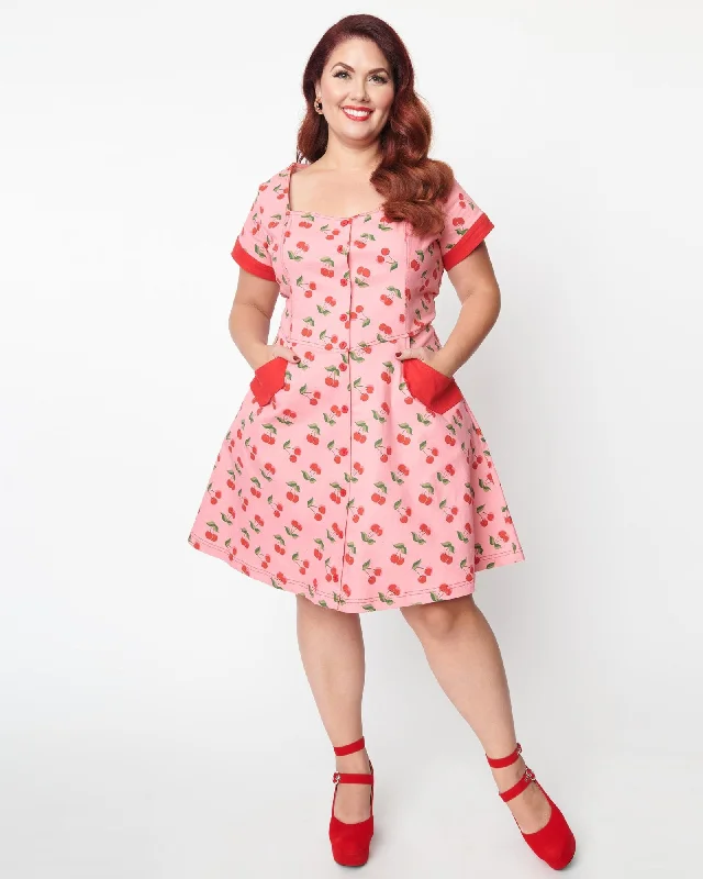 Deal of the Day Unique Vintage Pink Denim & Cherry Print Fit & Flare Dress | Pink