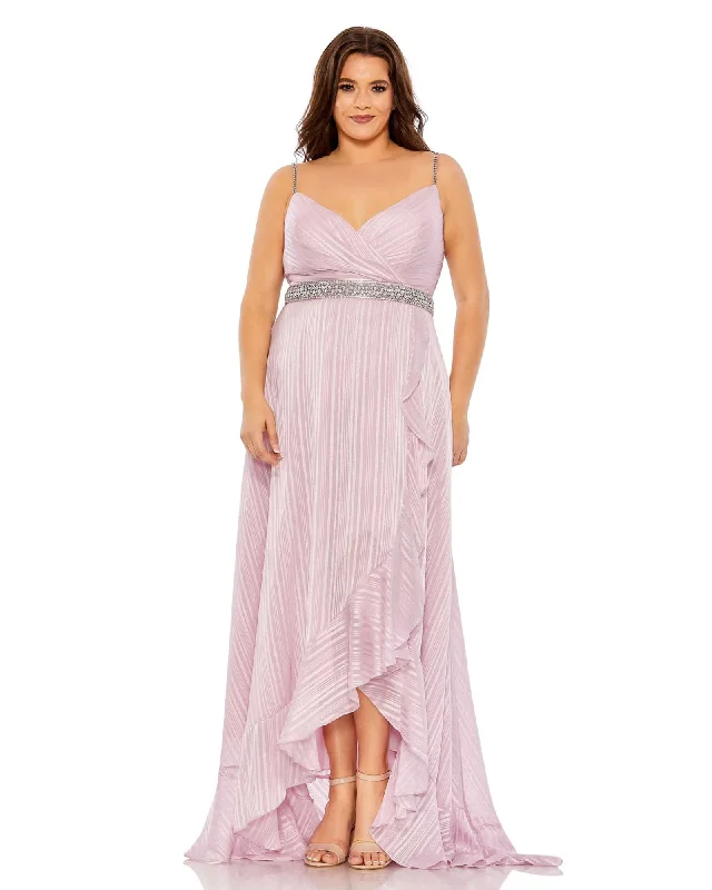 Savings Bonanza Rhinestone Belt Faux Wrap Ruffle Tulip Hem Gown | Rose