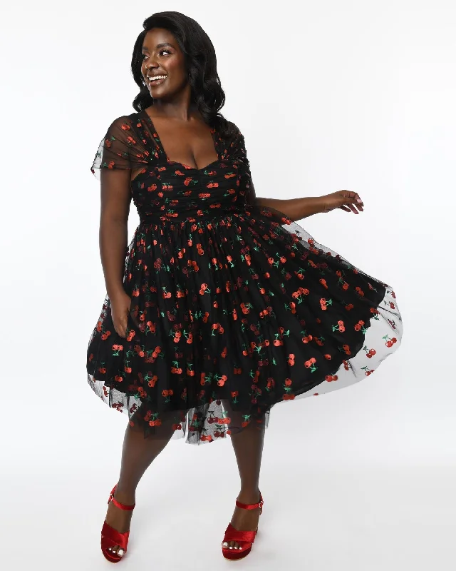 Hurry In Unique Vintage Black & Glitter Cherry Print Heart & Soul Babydoll Dress | Black, Red Hurry In Unique Vintage Black & Glitter Cherry Print Heart & Soul Babydoll Dress | Black, Red