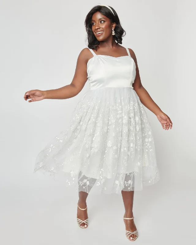 Big Savings Unique Vintage White Tulle & Floral Beading Bertie Swing Dress | White