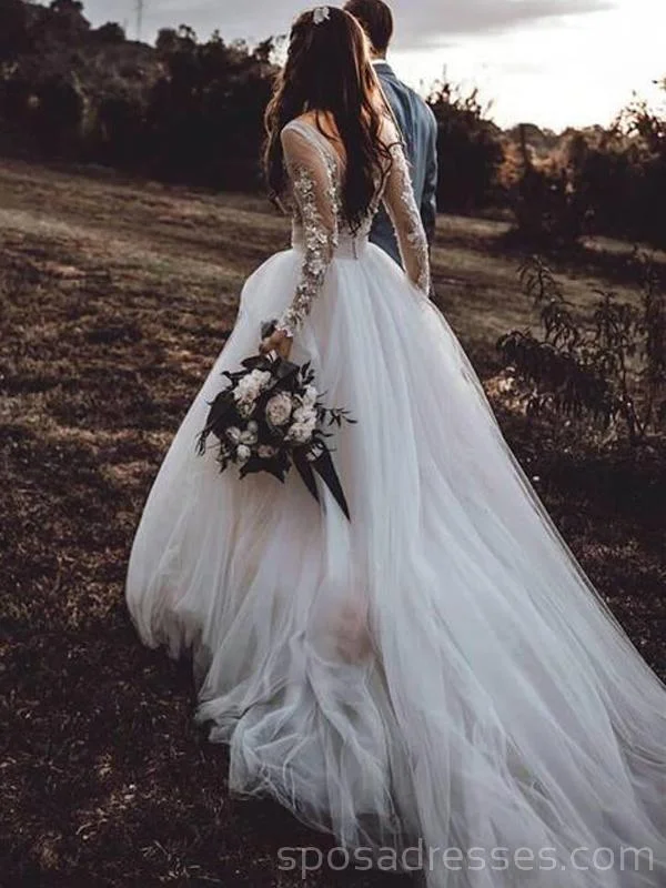 Limited Time Discount Long Sleeves See Through A-line Long Wedding Dresses Online, Cheap Bridal Dresses, WD536