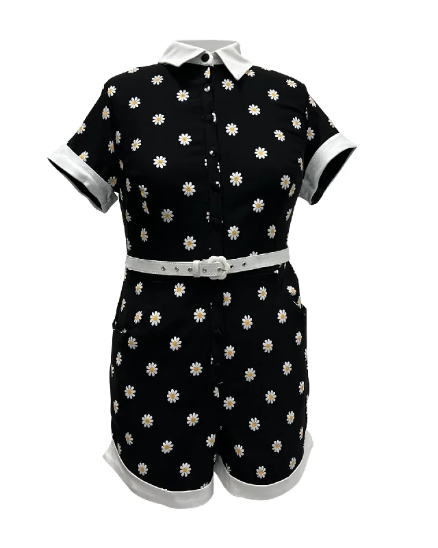Early Bird Discount Unique Vintage Daisy Print Patsy Romper | Black, Floral