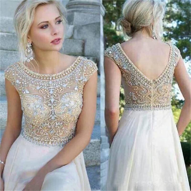 Price Break Cap Sleeves Prom Dresses Long A-line Prom Dresses, Gorgeous Round Neck Rhinestone Bridal Gown, WD0122