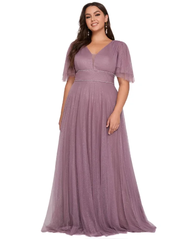 Daily Specials V Neck Tulle Formal Evening Dress with Ruffle Sleeves | Purple Orchid