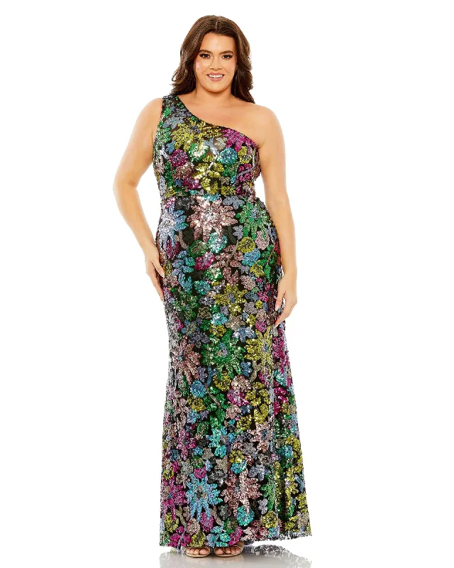 Season Finale Sale One Shoulder Floral Sequin Gown | Black Multi
