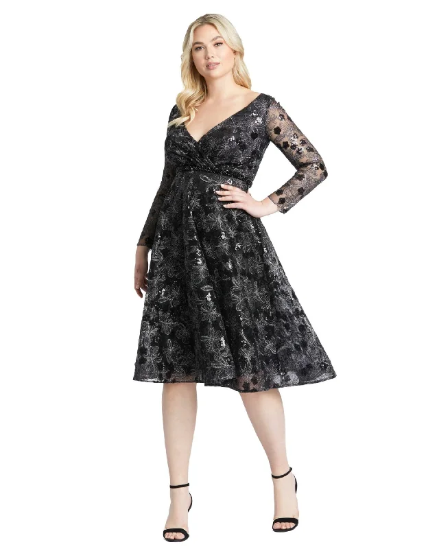 Overstock Sale Long Sleeve Illusion Sequin Embroidered Midi Dress | BLACK