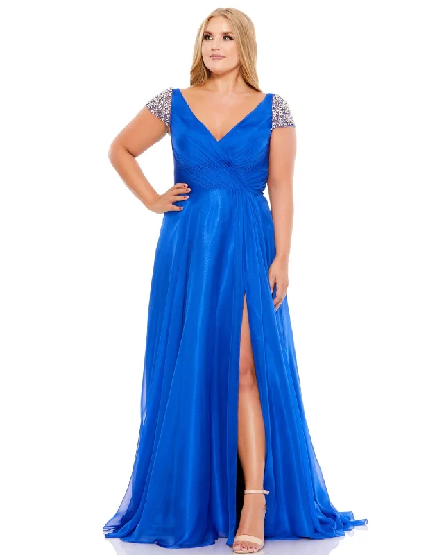 Loyalty Reward Beaded Cap Sleeve Faux Wrap Gown | Cobalt