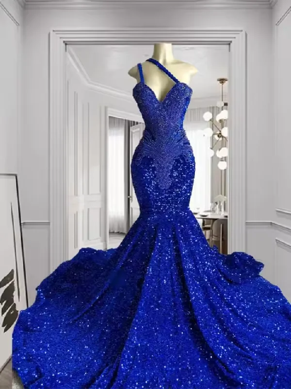 Price Drop Elegant Royal Blue Long Prom Dress Beading Crystal Birthday Dress Sequins Evening Robe 2025 Customized