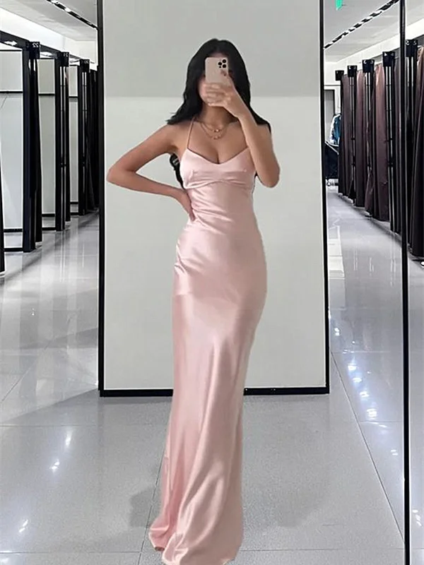 Lowest Price Simple Pink Soft Satin Straps Prom Dress, Pink Satin Party Dress Evening Dress