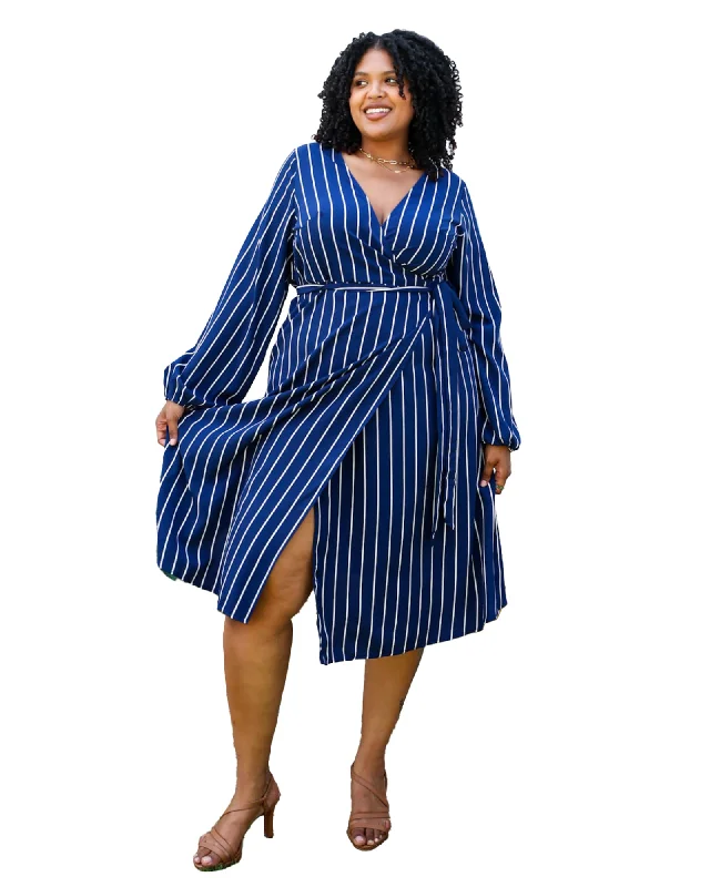 Amazing Deals White Vertical Stripe V Neck Midi Dress | Navy