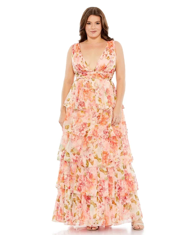 Lowest Price Floral Print Tiered V-Neckline Gown | Pink Multi
