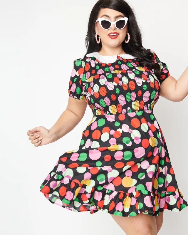 Friends and Family Sale Smak Parlour Black & Rainbow Dot Smocked Fit & Flare Dress | Black, Polka Dot
