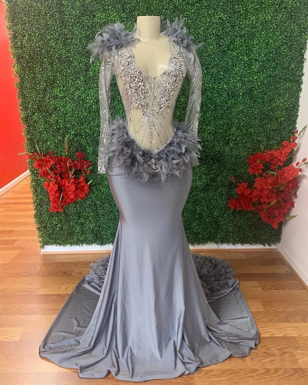 Special Promotion Gray African American Prom Dresses Mermaid Long Sleeves Feather Crystals Black Girls Nigeria Robe De Soiree Gown Customized