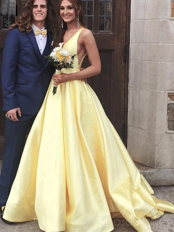 Instant Discount Cheap Yellow V-Neck A-line Long Evening Prom Dresses, Cheap Party Custom  Prom Dresses, 18616