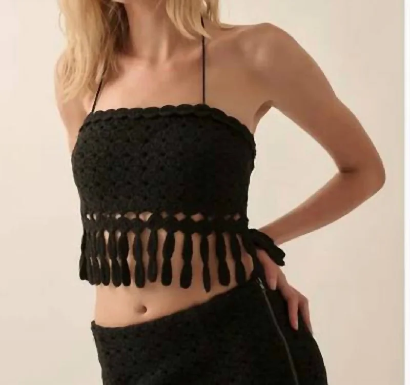 Deal Dash Crotchet Knit Fringe Tube Halter Top In Black