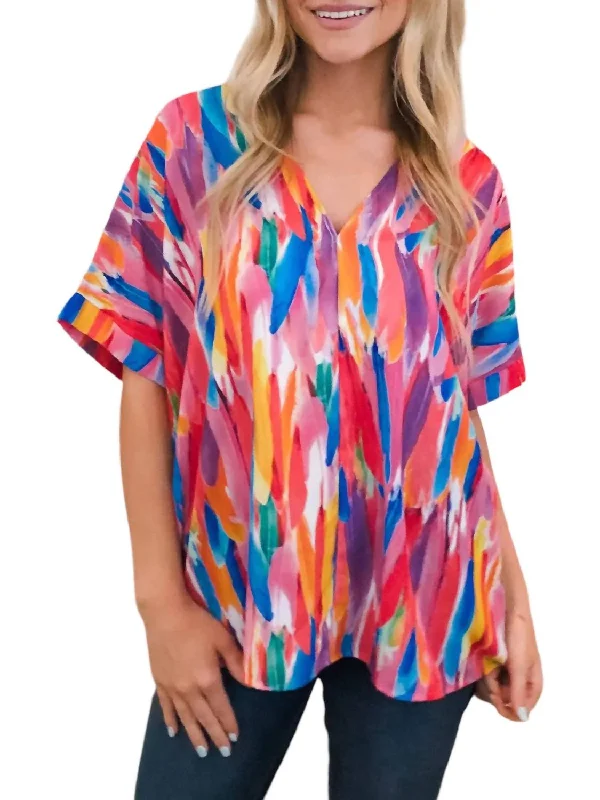 Mega Sale Feather Flowy V Neck Blouse In Multi Color