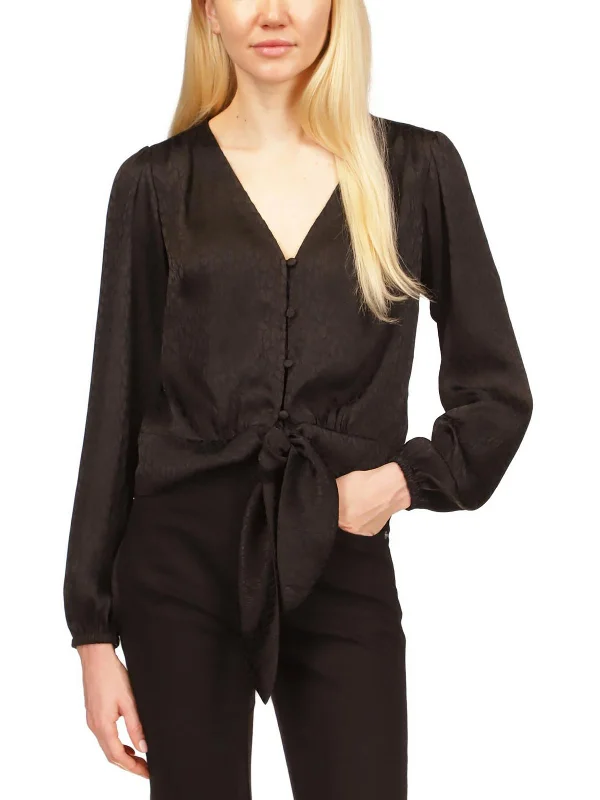 Super Bargain Petites Womens Tie Front Animal Print Button-Down Top