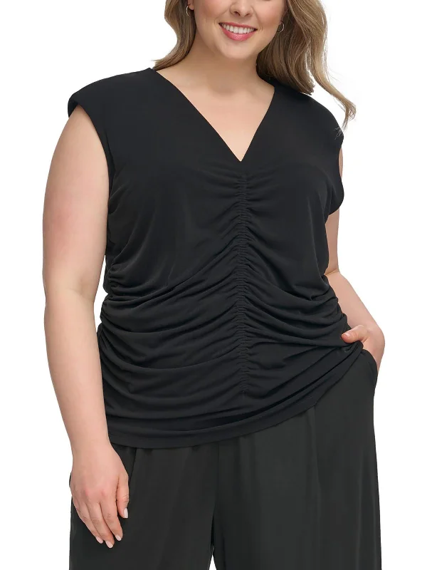 Limited Time Offer Plus Womens V-Neck Shirred Pullover Top